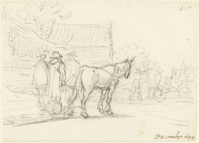馬とそりの隣にいる 3 人の男性 作： Gerard ter Borch (II)