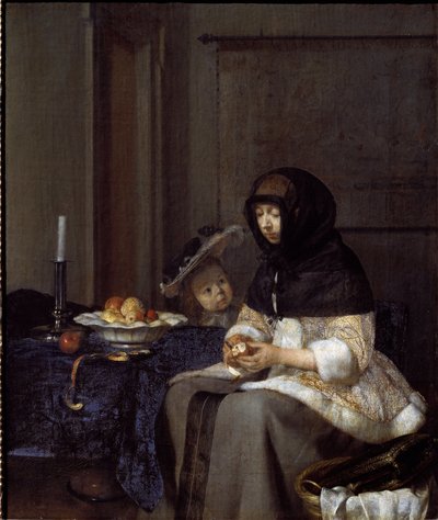 リンゴの皮をむく母親（油彩・キャンバス 作： Gerard ter Borch