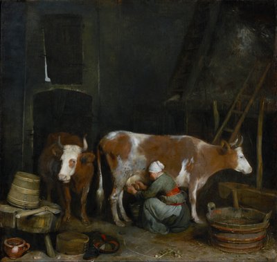納屋で牛を搾乳するメイド、c.1652-54（パネルに油彩） 作： Gerard ter Borch