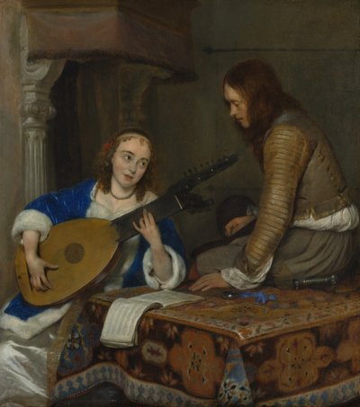 テオルボリュートとキャバリアを演奏する女性、1658年頃 作： Gerard ter Borch