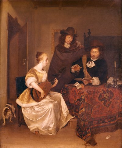 2人の男性にテオルボを演奏する若い女性、1667年〜68年 作： Gerard ter Borch