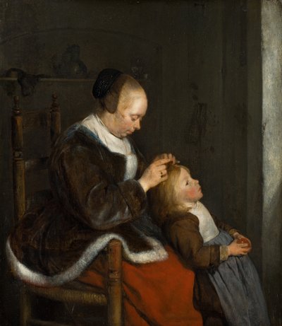 シラミの狩猟として知られている彼女の子供の髪をとかす母親、c.1652-1653 作： Gerard ter Borch