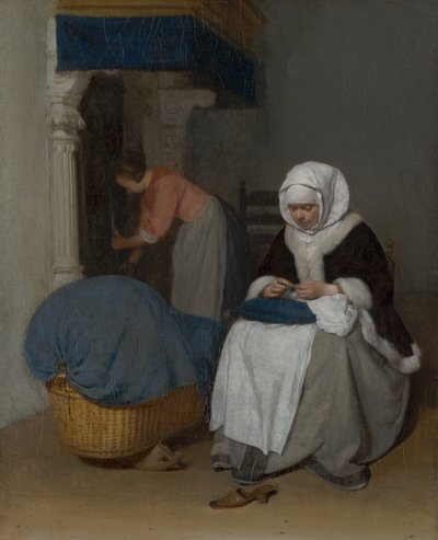 ゆりかごのそばで縫う女、1656年頃 作： Gerard ter Borch