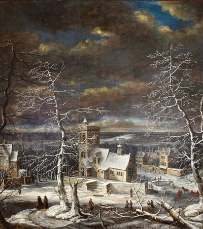 氷上の人物がいる広大な風景の中の冬の村（油彩・キャンバス 作： Gerard van Edema