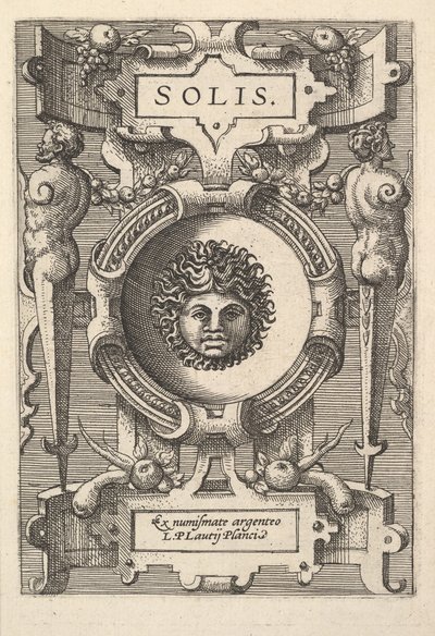 ストラップワークに囲まれたソルの胸像、一連の画像「Deorum dealumque」から、1573 年 作： Gerard van Groeningen