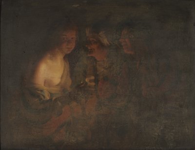 燭台を持つ若い女性、老婆とヴァイオリン奏者 作： Gerard van Honthorst