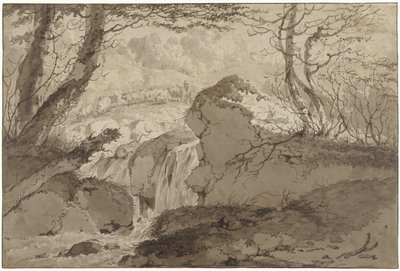 木々の間に滝があり、羊飼いが群れに餌をやる山の風景 作： Gerard van Nijmegen