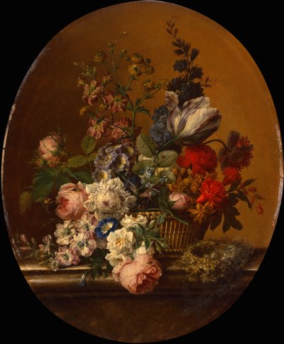 ストーンレッジにダンノックの巣があるバスケットの花のある静物（キャンバスに油彩） 作： Gerard van Spaendonck
