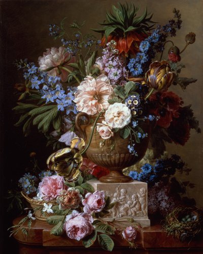 台座の上の石の花瓶に花のある静物（キャンバスに油彩） 作： Gerard van Spaendonck