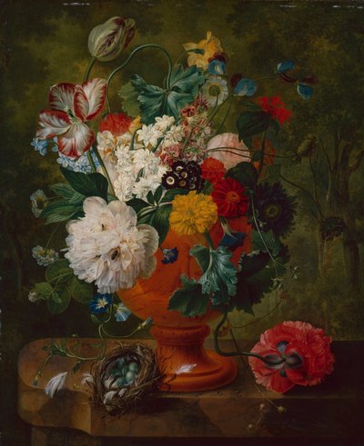 大理石の棚に鳥の巣がある壷の中の夏の花（キャンバスに油彩） 作： Gerard van Spaendonck