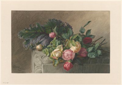 バラとキャベツの葉のある静物 作： Gerardina Jacoba van de Sande Bakhuyzen
