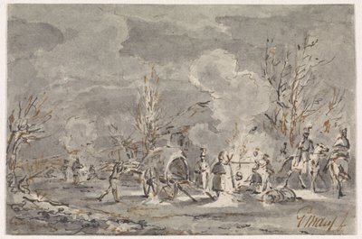 キャンプファイヤーの周りに兵士がいる軍隊の場所 作： Gerardus Emaus de Micault