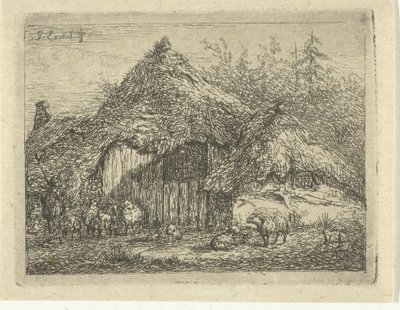 芝小屋の羊飼い 羊の群れ 作： Gerardus Emaus de Micault