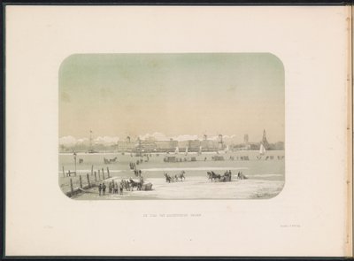1855 年、カテドレヒトから見た、ロッテルダムのマース川での氷のエンターテイメント 見たカテンドレヒトの街 (オブジェクトのタイトル) 1855 年 2 月のロッテルダムのマース川でのアイス エンターテイメント、キャプション付き (対象物にシリーズ タイトル) 作： Gerardus Johannes Bos