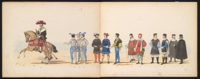 ライデン学生のマスカレード、1855年（プレート11） 1855 年 6 月 12 日にライデン学生団のメンバーが開催した衣装を着た行進で、ライツェ ホーゲ学校の 280 周年を祝って、カレル 5 世ビンの入場を描いた 作： Gerardus Johannes Bos