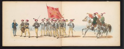 ライデン学生のマスカレード、1855年（プレート12） 1855 年 6 月 12 日にライデン学生団のメンバーが開催した衣装を着た行進で、ライツェ ホーゲ学校の 280 周年を祝って、カレル 5 世ビンの入場を描いた 作： Gerardus Johannes Bos