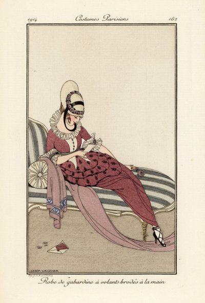 手刺繍のフリルが付いたギャバジンのドレスを着た女性。 作： Gerda Marie Frederike Wegener