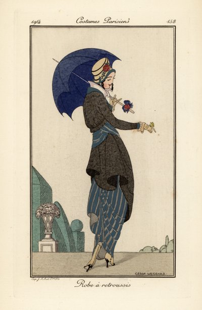 帽子と日傘を持ったシャーリングドレスとコートの女性 作： Gerda Marie Frederike Wegener