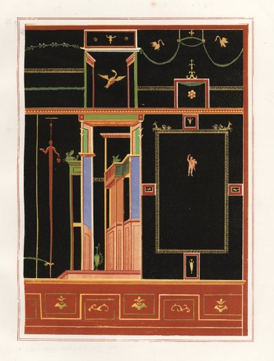 ポンペイの正体不明の建物の壁画。Emile Presuhn (1844-1878) The Most Beautiful Paintings of Pompeii, Leipzigに掲載されたGeremia DiscannoのイラストをもとにVictor Steegerがクロモリトグラフで制作。 作： Geremia Discanno