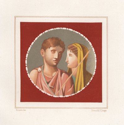 ポンペイの身元不明の家の男女の肖像。Emile Presuhn (1844-1878) The Most Beautiful Paintings of Pompeii, Leipzigに掲載されたGeremia DiscannoのイラストをもとにVictor Steegerがクロモリトグラフで制作。 作： Geremia Discanno
