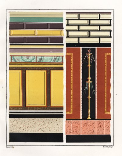 エピグラムの家の部屋の壁画。V, Ins. 1, No.18。左は吹き抜けの壁画、右は控えの間の壁画。Emile Presuhn (1844)に掲載されたGeremia Discannoの挿絵に基づくVictor Steegerによるクロモリトグラフ。 作： Geremia Discanno