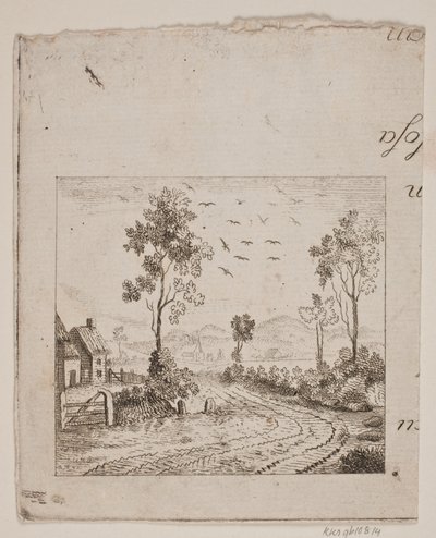 木と飛ぶ鳥のある道路沿いの家のある風景 作： Gerhard Ludvig Lahde