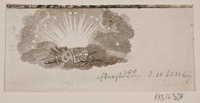太陽の前の雲の中に北欧の 3 つの王国の腕があるビネット 作： Gerhard Ludvig Lahde