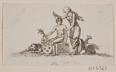 女性とのビネット、座っている若い男性とユニコーン 作： Gerhard Ludvig Lahde