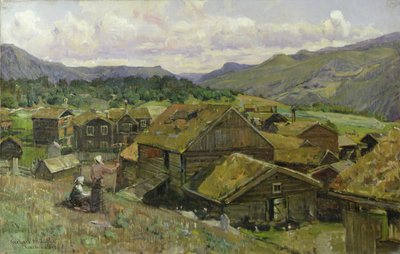 2人の女性がいるノルウェーの村（キャンバスに油彩） 作： Gerhard Peter Frantz Vilhelm Munthe