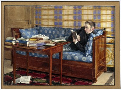 詩人ヴァシーリー・ズーコフスキー (1783-1852) の肖像画。 （詩人ヴァシリー・ジュコフスキーの肖像）。 彼はソファに横になり、目の前のテーブルに積み上げられた本を読んでいます。 ゲルハルト・ヴィルヘルム・フォン・ロイテルン (1794-1865) の作品、紙に鉛筆、水彩 作： Gerhard Wilhelm von Reutern