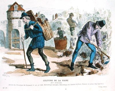 15世紀のブドウ栽培、フロワサールの「Chroniques」の後、「Costumes de Paris a Travers les Siecles」編より。1887年に出版されたRoy編の「Costumes de Paris Traversles les Siecles」より。 作： Gerlier (after)