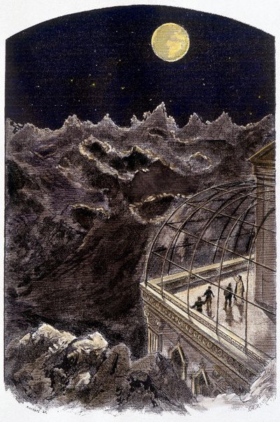 地球を観察する月面の人々-ジェリエの絵、「Un monde inconnu:2 ans sur la lune」（ピエール・ド・セレーヌ著）。フラマリオン 作： Gerlier Gerlier