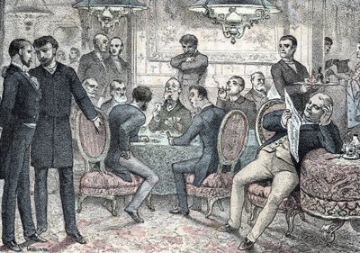 社会と社会生活：Rengade の「Les besoins de la vie」からのゲームとギャンブルの男性クラブの彫刻 作： Gerlier Gerlier