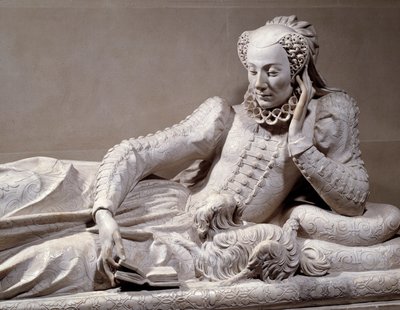 葬儀用モニュメント。フランス首相レネ・ド・ビラーグ枢機卿（1506-1583）の妻、ジャンヌ・ヴァランティーヌ・バルビアニ（1518-1572）の肖像画のある墓。詳細。大理石彫刻、ジェルマン・ピロン（1535-1590）作、1573年頃。パリ、ルーヴル美術館（Musee Du Louvre 作： Germain Pilon