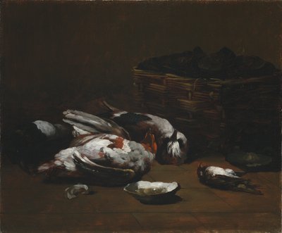 死んだ鳥と牡蠣籠のある静物》1860-1880年頃（油彩・布地） 作： Germain Ribot