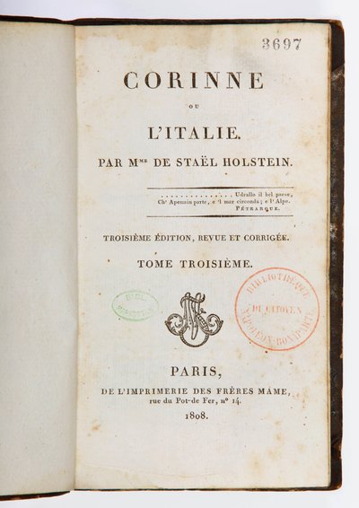Corinne ou lItalie、第3改訂および拡大版、第3巻、Imprimerie des Freres Mame、パリ、1808年のタイトルページ（印刷用紙） 作： Germaine de Stael