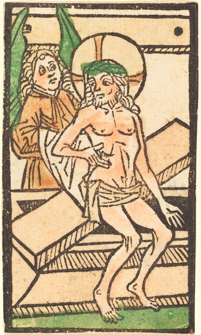 一人の天使と共に墓に座るキリスト 作： German 15th Century