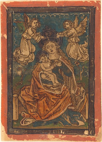 天使と一緒に草が茂った土手に座るマドンナと子供 作： German 15th Century