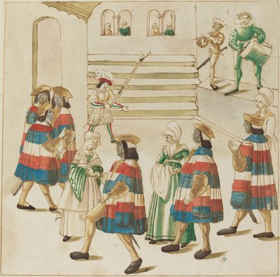 パートナーと踊る赤、白、青の男性 作： German 16th Century