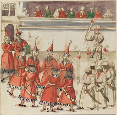輪になって集まった7人の赤い服を着た男 作： German 16th Century