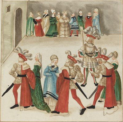 パートナーと踊る赤いマントを着た 3 人の男性 作： German 16th Century