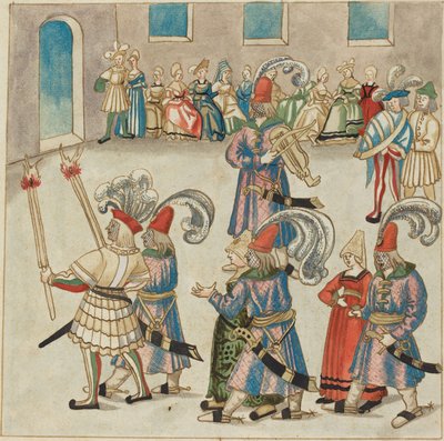 たいまつを持った騎士に導かれて踊る 2 組のカップル 作： German 16th Century