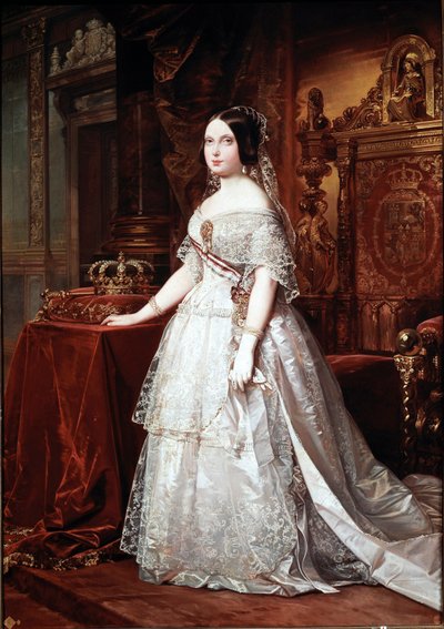 スペインの女王イザベル・ド・ブルボン（イザベル・デ・ボルボン）II（1830-1904）の肖像ドイツのヘルナンデス・アモーレス（1823-1894）による絵画 作： German Hernandez Amores