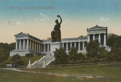 バイエルン像とミュンヘンのルールメスハレ。1913年に送られた絵葉書。 作： German Photographer