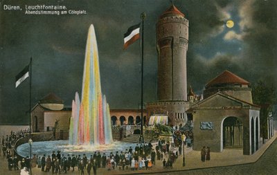 デュレン、ロイヒトフォンテーヌ、コルンプラッツの夜の雰囲気。1913年3月20日に送られた葉書。 作： German Photographer