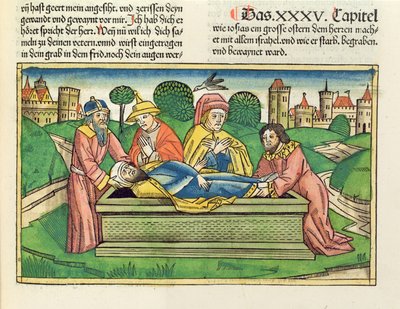 2歴代誌35 24ニュルンベルク聖書からのジョサイアの埋葬（Biblia Sacra Germanaica）（色の木版画） 作： German School