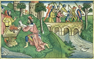 2キングス16 9-16ダマスカスの人々は、ニュルンベルク聖書（Biblia Sacra Germanaica）（色の木版画）から監禁されます。 作： German School