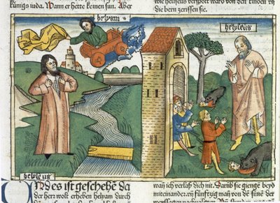 2 Kings 2 1-24 Elijahは旋風の中で天に昇り、Elishaをからかった男の子は、ニュルンベルク聖書（Biblia Sacra Germanaica）（色の木版画）からクマに食べられます 作： German School