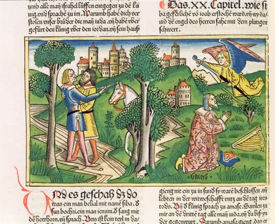 2 サミュエル 20 10 ヨアブがアマサを殺す、「ニュルンベルク聖書 (Biblia Sacra Germanaica)」より (着色された木版画) 作： German School