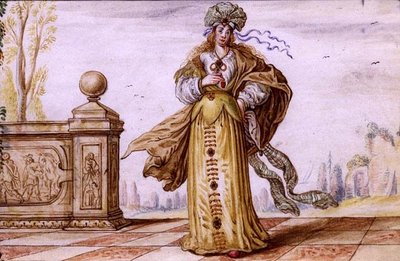 テラスの上の宝石をつけた寓意的な女性 1640年頃 （ベラムにグワッシュ） 作： German School